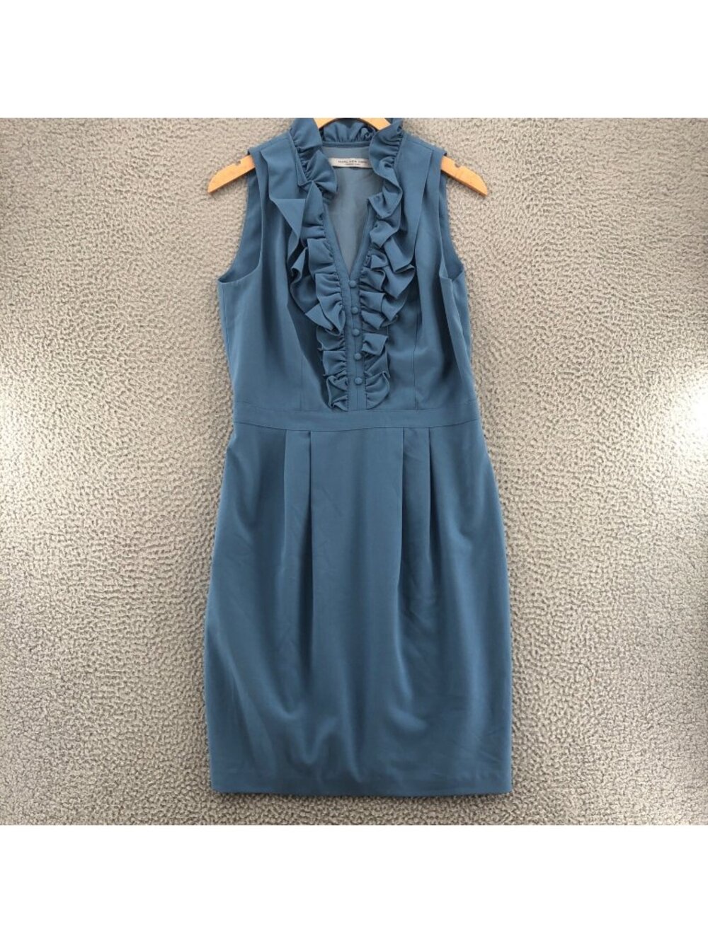 Marc New York Dress Women 8 Blue Ruffled Bodice V Neck Pleated Sheath Sleeveless